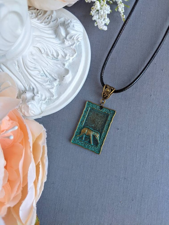 Elephant Choker Necklace, Elephant Statement etsy.me/3jCASyW #elephantnecklace #elephantpendant #verdigrisjewelry #patinajewelry @etsymktgtool