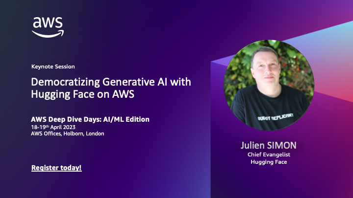 julsimon's tweet photo. See you in London in a couple of weeks π€
Agenda and free registration at https://t.co/bQwHvqNny9
#d3days #DeepDiveDays #awsdeepdivedays #AWS https://t.co/W3ITYnv3I2