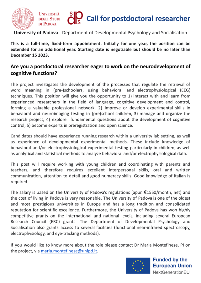 MaryMontefi's tweet photo. 🔴𝟐-𝐲 𝐩𝐨𝐬𝐭-𝐝𝐨𝐜 𝐨𝐩𝐩𝐨𝐫𝐭𝐮𝐧𝐢𝐭𝐲 𝐚𝐭 @UniPadova🔴
Does the development of cognitive control and language fascinate you? Are you interested in working w/#EEG and behavioral methods? More info👇
@PostdocP @PostdocO @PostDoc_Pal @PostdocJobs  Please, RT🙏#postdocjobs https://t.co/sfljCMKptB