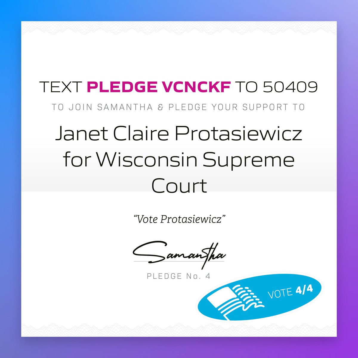 🖋 Samantha in Dane County, Wis. just pledged to support Janet Claire Protasiewicz for Wisconsin Supreme Court! 

Tap to pledge your support &amp; get ready to vote: x.com/messages/compo…
