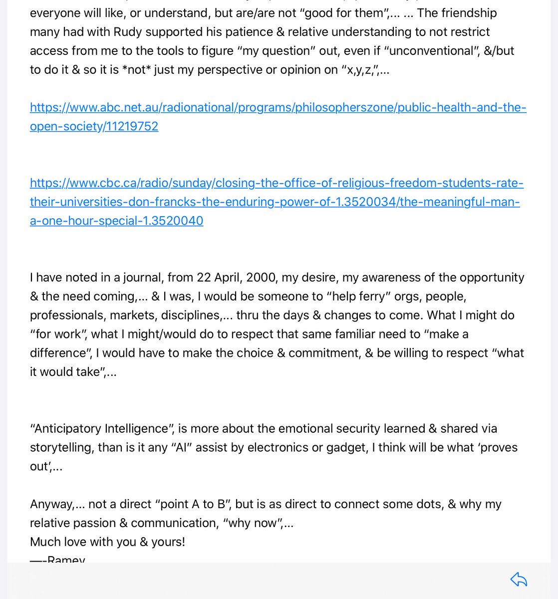 if anybody would... (@iramey) on Twitter photo 2023-03-29 11:25:00 I met w/@ntnsndr, w/Rick Moody, Summer 2019, in Boulder, to engage 'where individual work, overlaps',...as it had by then already been part of my 'experiment' of career, of 'making way',... &, given these last years, & 'phenomena',... I can offer, 'integrity of that work' remains I met w/@ntnsndr, w/Rick Moody, Summer 2019, in Boulder, to engage 'where individual work, overlaps',...as it had by then already been part of my 'experiment' of career, of 'making way',... &, given these last years, & 'phenomena',... I can offer, 'integrity of that work' remains
