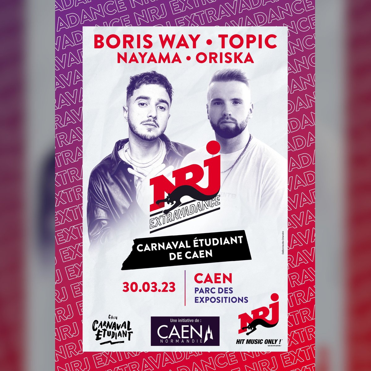 Dans pile 24H, c'est le retour du <a href="/CarnavalCaen/">Carnaval Étudiant de Caen</a> 
avec #NRJ ! 🎭😍

RDV après le défilé pour le show #NRJExtravadance
avec les gagnants du DJ Cast en 1ère partie suivi de
<a href="/nayamadj/">NAYAMA</a>, <a href="/OriskaOfficiel/">ORISKA</a>, @BorisWay et ... <a href="/topicmusictv/">Topic</a> !🎚

📍 Parc Expo de Caen

cc @caenofficiel