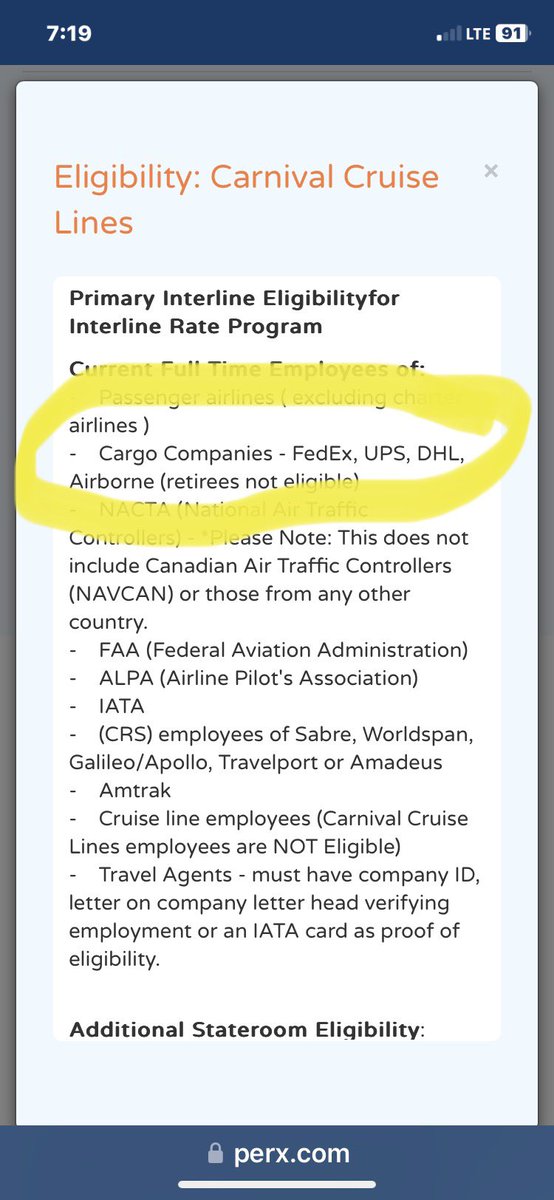 @perxvacations UPS retirees not eligible on Carnival. Have used perx for years, just seems silly @CarnivalCruise doesn’t accept retirees. Not a huge deal we have found @CruiseNorwegian @CelebrityCruise @RoyalCaribbean all seem to enjoy accepting our money. Look forward to using Perx again soon!