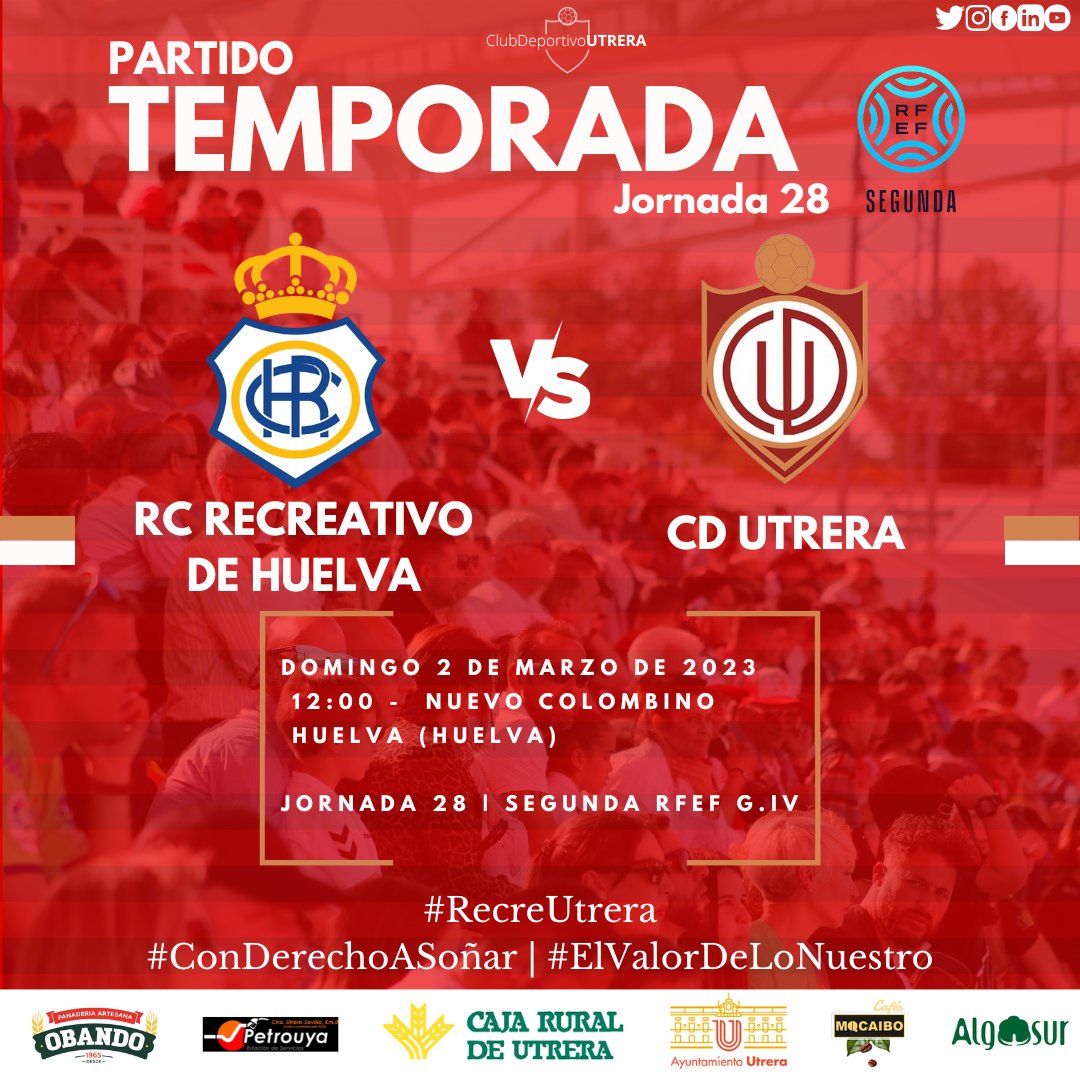 𝗗𝗢𝗠𝗜𝗡𝗚𝗢 𝗗𝗘 𝗥𝗔𝗠𝗢𝗦 𝗘𝗡 𝗘𝗟 𝗖𝗢𝗟𝗢𝗠𝗕𝗜𝗡𝗢

<a href="/recreoficial/">RC Recreativo de Huelva</a> 🆚 #CDUtrera
📅 Domingo 2 de abril
⏰ 12:00h
🏟️ Estadio Nuevo Colombino
📍 Huelva
📺 <a href="/TeleonubaTV/">Teleonuba</a> 
🏆 Jornada 28 | Segunda RFEF G.IV.

#RecreUtrera
#ConDerechoASoñar #ElValorDeLoNuestro