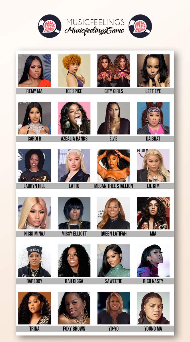 elmusicfeelings's tweet photo. ❌ Et c’est parti 🏆!!  On cherche la MEILLEURE rappeuse de l’histoire du rap Us. Il faut cependant commencer par supprimer les 3️⃣ que vous aimez le moins. 
‼️ Votez CONTRE les 3 que vous aimez le moins ?! 👇

https://t.co/c5Au3jXFsA https://t.co/eDd5ZJXDDc