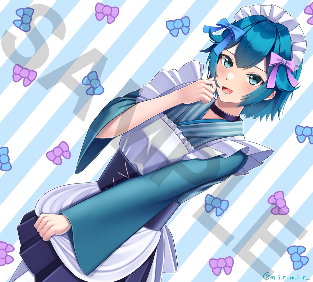 solo blue hair short hair maid headdress japanese clothes open mouth bow  illustration images