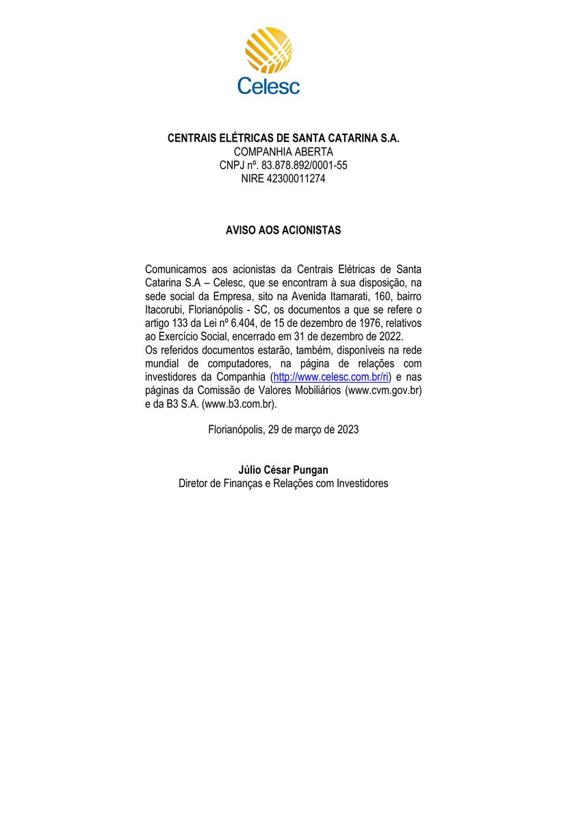 CalixtoCapital's tweet image. #CLSC | CELESC | Aviso aos Acionistas