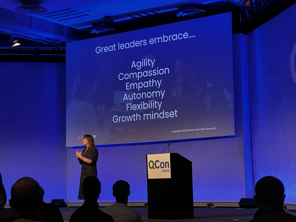 This is a great list of behaviours for leaders. I'd add sponsorship; making sure you leverage your authority and visibility to promote opportunities for others with less visibility. Especially in remote/hybrid worlds where presence can be tricky #QConLondon