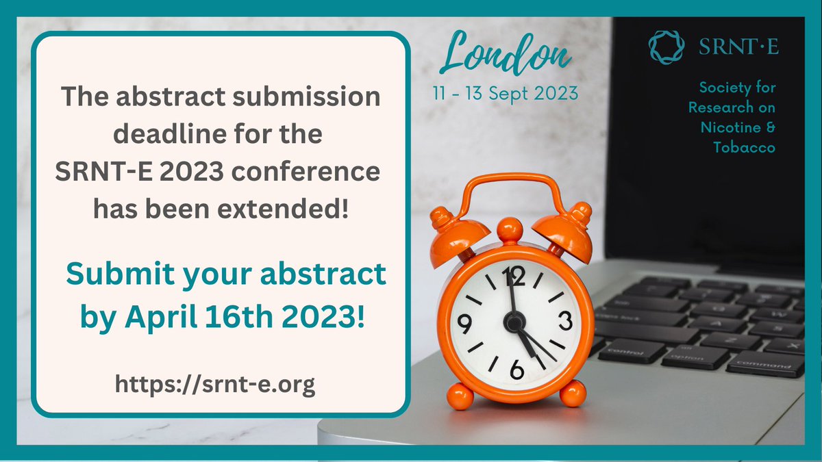 SRNT Europe (@srnt_europe) on Twitter photo 🚨The abstract submission deadline for the #SRNT-E 2023 conference in #London has been extended to 16 April!
If you are planning to submit your research abstract (oral or poster), symposium or workshop, don’t miss this deadline! <a href="/EquitySRNT/">SRNT Health Equity Network</a> <a href="/srntorg/">SRNT</a> <a href="/TraineeSRNT/">SRNT Trainee Network</a> <a href="/GlobalSRNT/">SRNT Global Research Network</a> 🚨The abstract submission deadline for the #SRNT-E 2023 conference in #London has been extended to 16 April!
If you are planning to submit your research abstract (oral or poster), symposium or workshop, don’t miss this deadline! <a href="/EquitySRNT/">SRNT Health Equity Network</a> <a href="/srntorg/">SRNT</a> <a href="/TraineeSRNT/">SRNT Trainee Network</a> <a href="/GlobalSRNT/">SRNT Global Research Network</a>