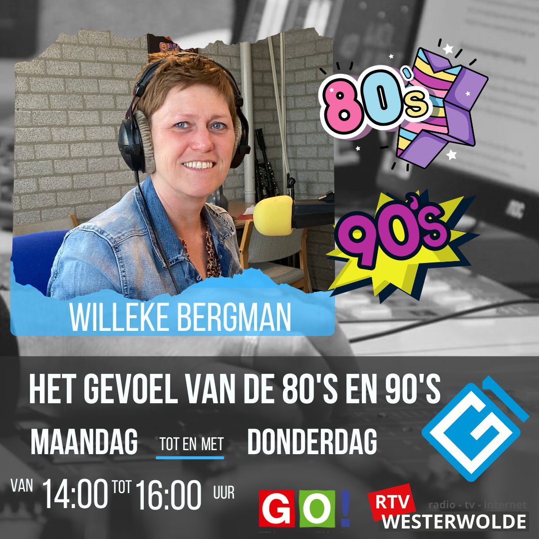 🤜🎵🎙️📻Geniet van jouw mooiste muziek herinneringen uit de jaren 80 en 90! Op maandag t/m donderdag tussen 14:00 en 16:00 uur neemt Willeke Bergman je mee op een muzikale reis.🎧🎶🎤🤛