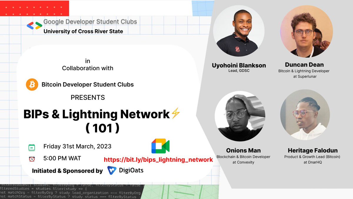 DigiOats's tweet image. For students who applied for the #Bitcoin DSC programs, each training session will keep unfolding at different Universities as the registration keeps ongoing across campuses.
-
Join this week class w/ @digioats &amp;amp; @GDSC_UNICROSS as we focus on “Understanding #BIPs” in this lesson.