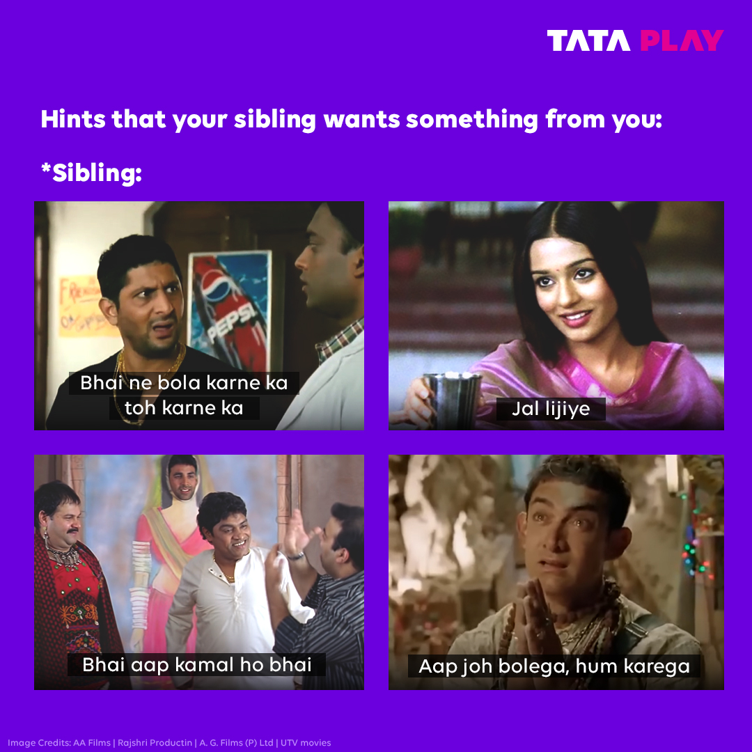 TataPlayin's tweet photo. Saare paitre aazma ke dekh lo 😒😣
Stay tuned to Tata Play for more Jingalala Entertainment.
#SiblingMeme #Vivah #HeraPheri #MunnaBhaiMBBS #BollywoodMeme https://t.co/8Ymbu4Geb1