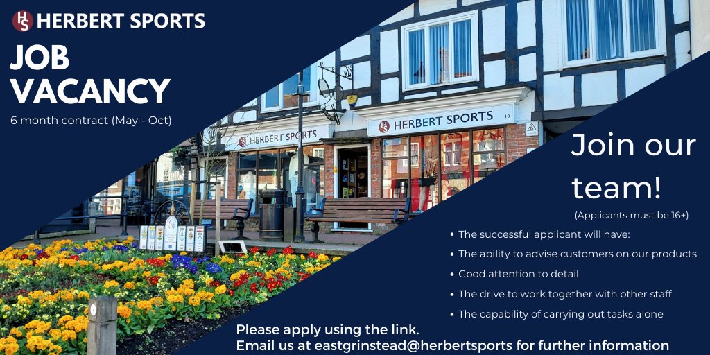 We are hiring! Apply using the link below or email us for more information. #eastgrinstead #sussexjobs #eastgrinsteadjobs #herbertsports 

forms.gle/E7LJ1rhPudKQFJ…