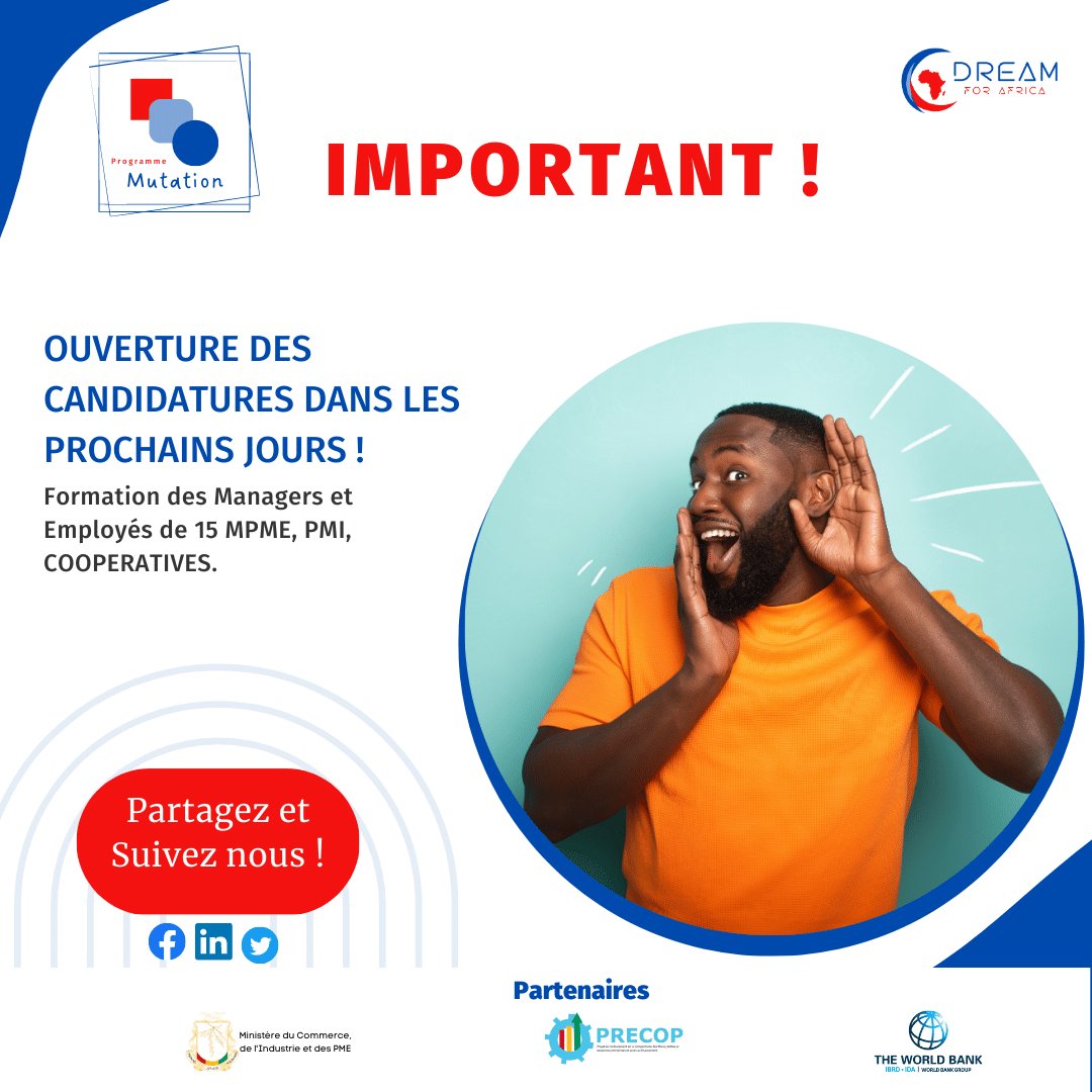 DREAMFORAFRICA1's tweet photo. Après les sessions de Formation JEUNES TALENTS du #ProgrammeMutation, nous sommes très heureux de vous annoncer que dans les prochains jours nous ouvrirons les candidatures pour sélectionner les prochains bénéficiaires de cette Composante sur la Gestion efficace d'une MPME https://t.co/Gbwf6FEbWu