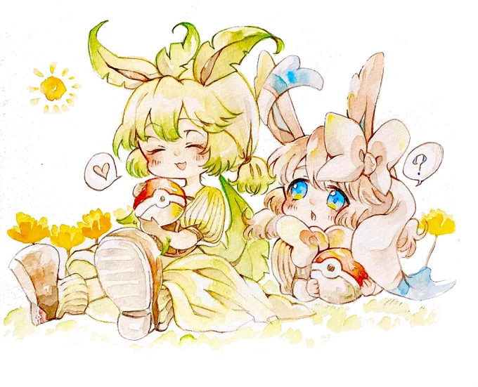 3月29日はふぃあふぃあの日みたいです!いつか描いてみたかった、リーフィアとニンフィアの擬人化描きました 
