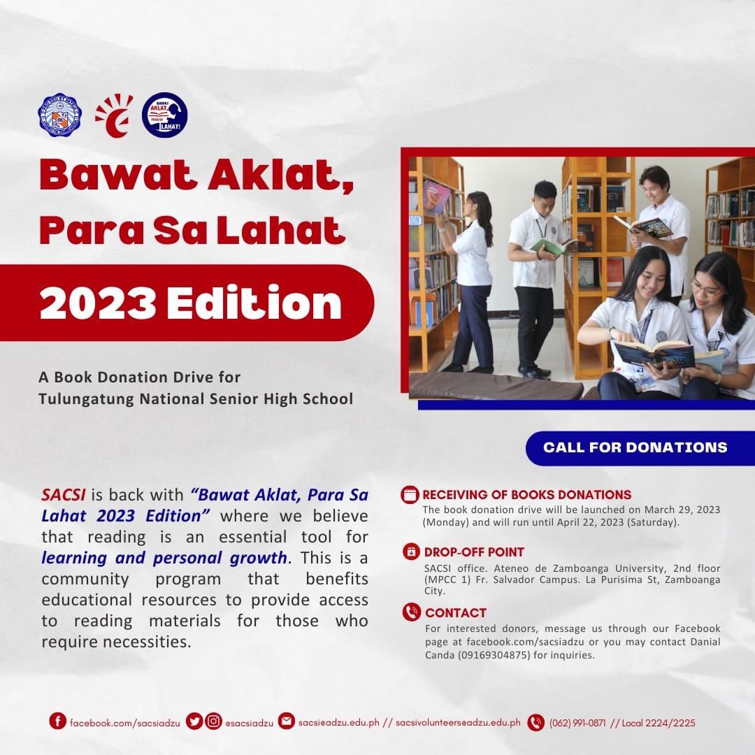 sacsiadzu's tweet photo. 𝐁𝐚𝐰𝐚𝐭 𝐀𝐤𝐥𝐚𝐭, 𝐏𝐚𝐫𝐚 𝐬𝐚 𝐋𝐚𝐡𝐚𝐭!

SACSI invites everyone to the "Bawat Aklat, Para sa Lahat", a book donation drive to support Tulungatung National Senior High School, Zamboanga City. 

Read full details here: https://t.co/DqVmgQvpDg
#BawatAklatParaSaLahat https://t.co/N6M1SA4pZ4