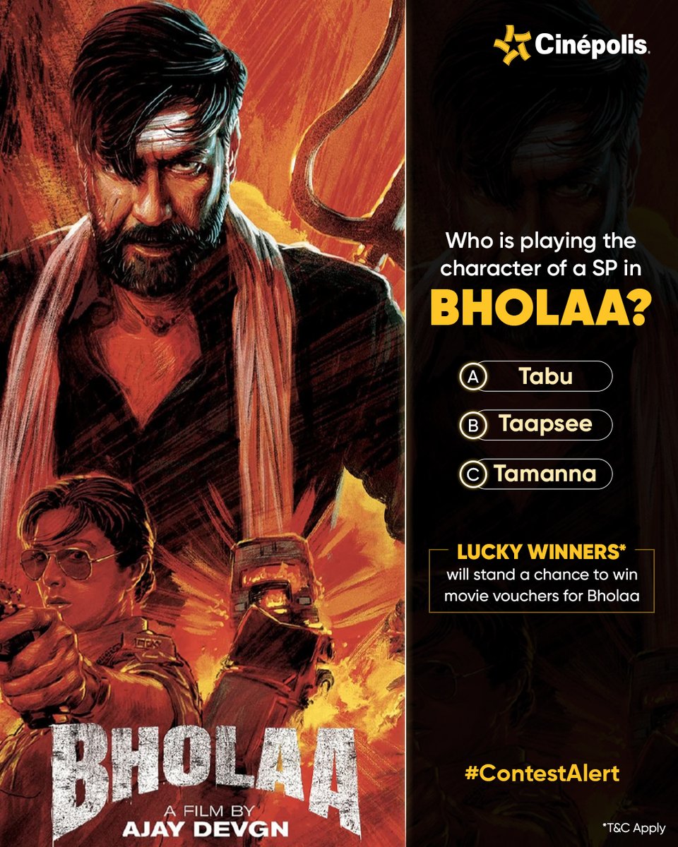 #ContestAlert It's time for Bholaa to slay!🔥 Cinephiles! We have something exciting for you🤩 Stand a chance to watch #Bholaa movie at your nearest #Cinépolis cinema on the house! 😎 To participate: - Follow us - Comment the right answer with #BholaaContest - Tag 3 friends…