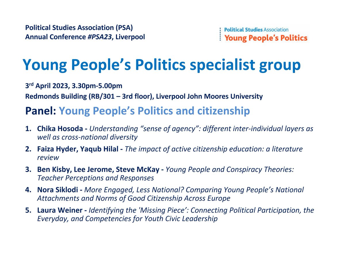 YoungPeoplesPolitics (@psayoungpol) on Twitter photo Before heading for drinks we close out Monday with a panel on
🎓Young People’s Politics and citizenship
🗓️3 April, 15:30-17:00 BST
📌Redmonds Building 301 <a href="/LJMU/">Liverpool John Moores University</a>
🙋♀️With <a href="/ChikaHosoda/">Chika Hosoda</a> <a href="/ACitizenshipT/">ACT</a> Ben Kisby <a href="/unilincoln/">University of Lincoln, UK</a> @NoraSiklodi <a href="/laurwein_18/">Laura S Weiner</a> chaired by <a href="/c_huebner/">Christine Huebner</a> Before heading for drinks we close out Monday with a panel on
🎓Young People’s Politics and citizenship
🗓️3 April, 15:30-17:00 BST
📌Redmonds Building 301 <a href="/LJMU/">Liverpool John Moores University</a>
🙋♀️With <a href="/ChikaHosoda/">Chika Hosoda</a> <a href="/ACitizenshipT/">ACT</a> Ben Kisby <a href="/unilincoln/">University of Lincoln, UK</a> @NoraSiklodi <a href="/laurwein_18/">Laura S Weiner</a> chaired by <a href="/c_huebner/">Christine Huebner</a>