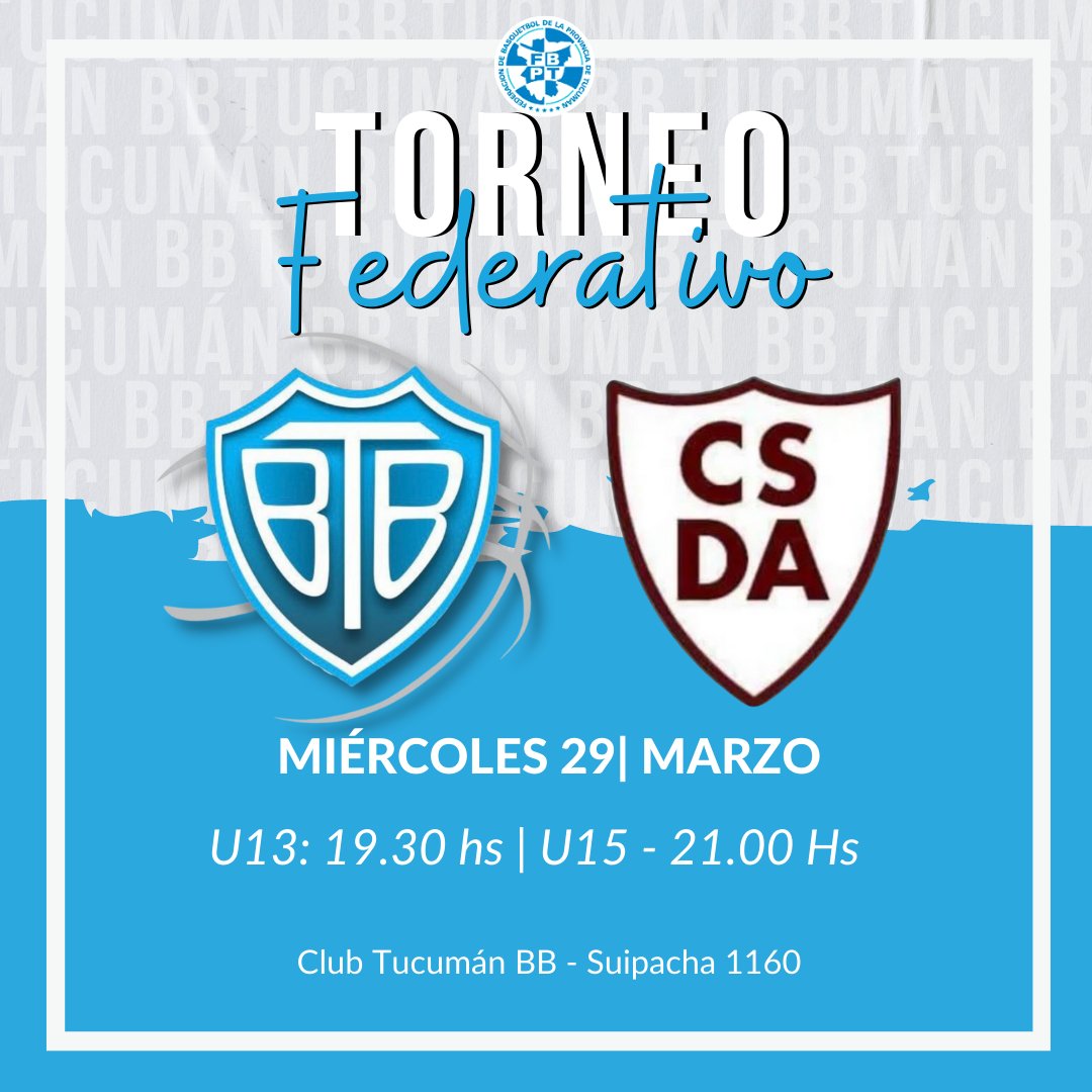 Torneo Federativo 

El beibi recibe al Club Alderetes por una nueva fecha del Torneo. 

⏰️U13: 19.30 hs
⏰️U15: 21.00 hs

🏟 Estadio Tompy Diaz