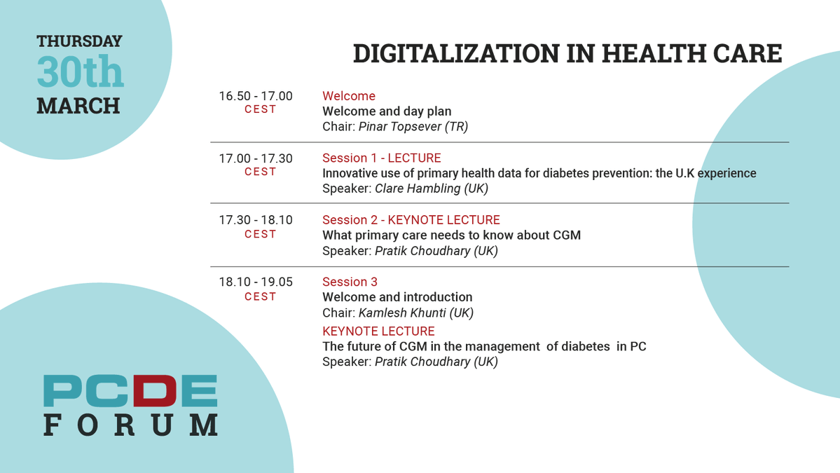 PCDEurope's tweet photo. PCDE FORUM 2023 (online)
March 30th 16:50 CEST
DAY 3: Digitalization in health care
Learning objectives
Join us at the PCDE Forum and meet the leading authorities in primary care in diabetes in Europe!
Free for PCDE members
#PCDE #Diabetes #PCDEForum
https://t.co/0hppgsT08q https://t.co/WslG1QZ07s