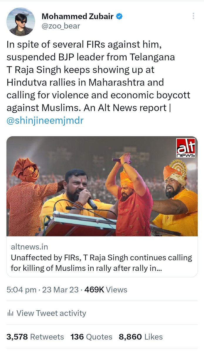 Twitter has received a complaint against me for sharing an article on  documentation of Hate speeches by <a href="/TigerRajaSingh/">Raja Singh</a>. 
Do they want <a href="/AltNews/">Alt News</a> to stop documenting Hate speeches too?