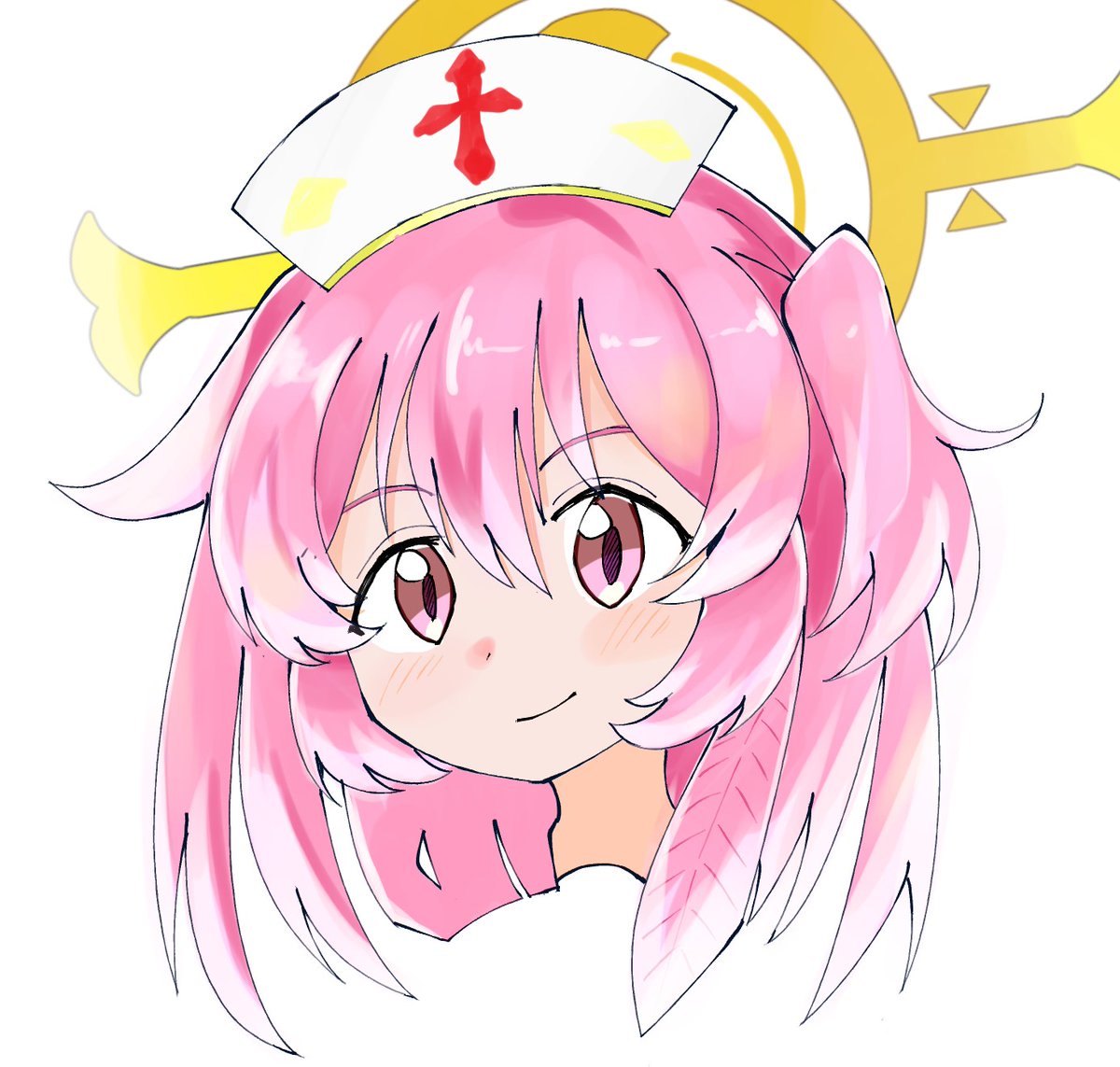 1girl pink hair halo hat nurse cap solo white background  illustration images