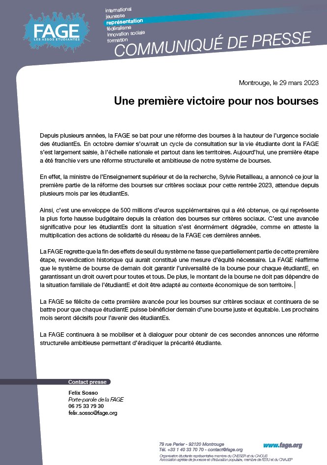 #ReformeDesBourses ⎢ Victoire de la FAGE ! 🎉

Une première étape pour une réforme de nos #bourses.

Après des mois de mobilisation, nous avons enfin des premières annonces vers une réforme structurelle des bourses.
