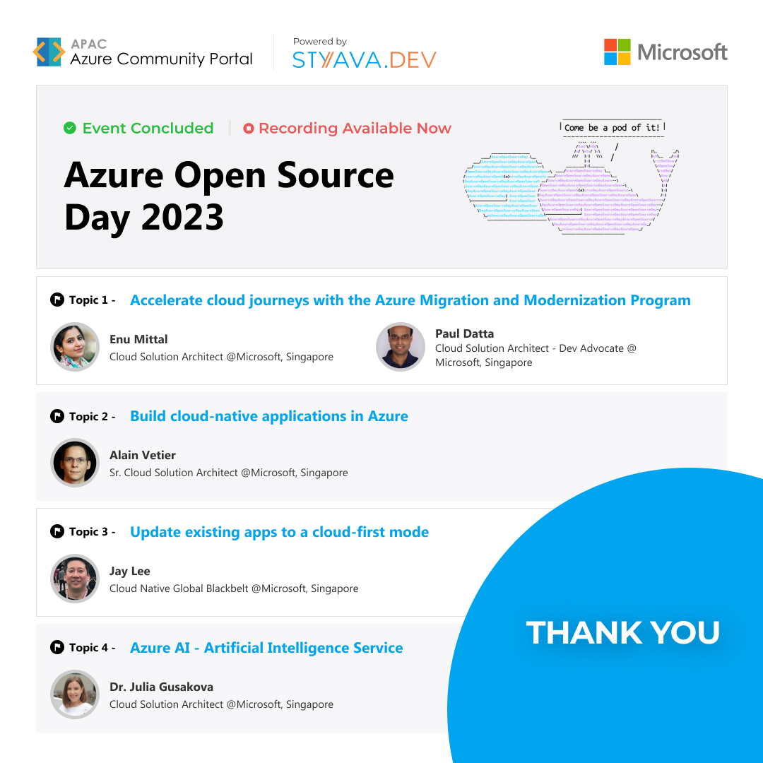 StyavaD's tweet image. Certainly, Azure Open Source day was an exciting and interactive event. 🙌 

Missed joining? Watch the recording 📺 : smpl.is/6nqu4

#AzureOpenSourceDay  #styavadev #java #azureai #azure #opensource #azurecloud  #ai #thankyou #event #developer