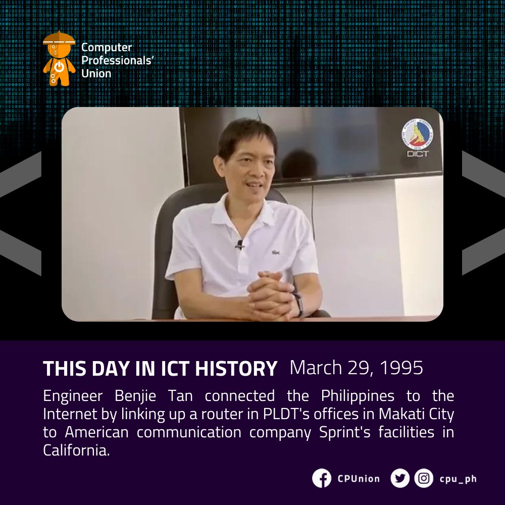 cpu_ph's tweet photo. Did you know? 

27 years ago today, in 1995, the Philippines was first connected to the Internet. A 64 Kbps link from Makati  California, established by engineer Benjie Tan in the middle of the night, was the country's first link to the Internet.

#TodayInICTHistory https://t.co/PyCI2APoO5