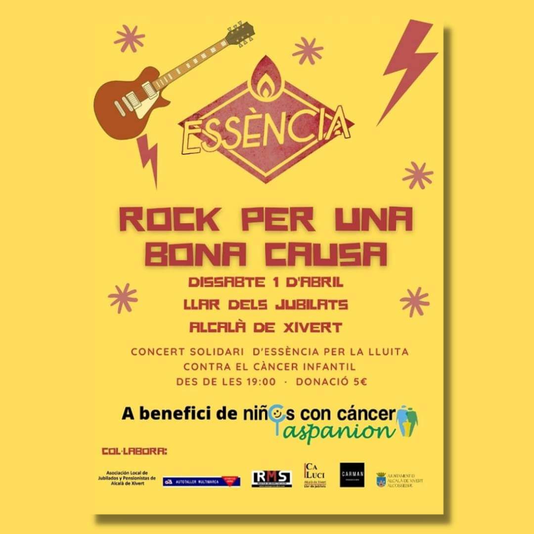 alcossebre_tur's tweet image. CONCIERTO SOLIDARIO "ESSÈNCIA" I 1/04 🎤 El sábado es día de música. Empieza abril escuchando al grupo "ESSÈNCIA". Los beneficios recaudados se destinarán a niños/as afectados por el cáncer infantil, gestionado por Aspanion.
🕐 19:00
📍Hogar del Jubilado Alcalà de Xivert.
🎟5€