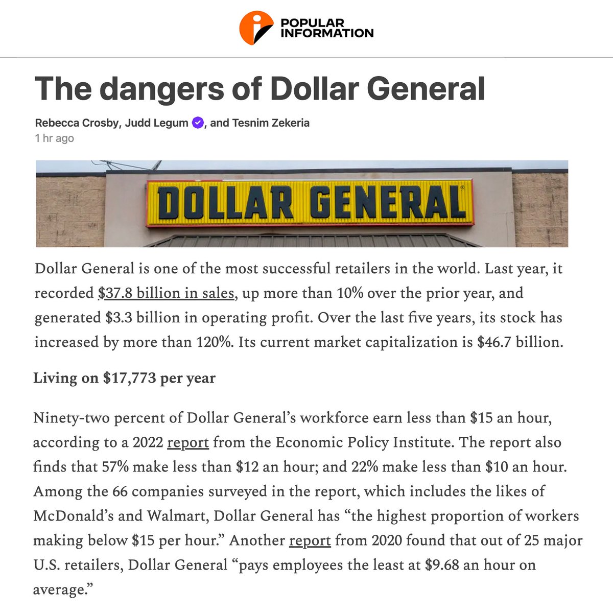 DarrigoMelanie's tweet image. 92% of Dollar General’s employees earn less than a living wage.

They reported $3.3 billion in profit last year.

They could double every employee’s salary, except for the CEO who made $16.5 million, and still have half of a billion in profit.

It’s the corporate greed.