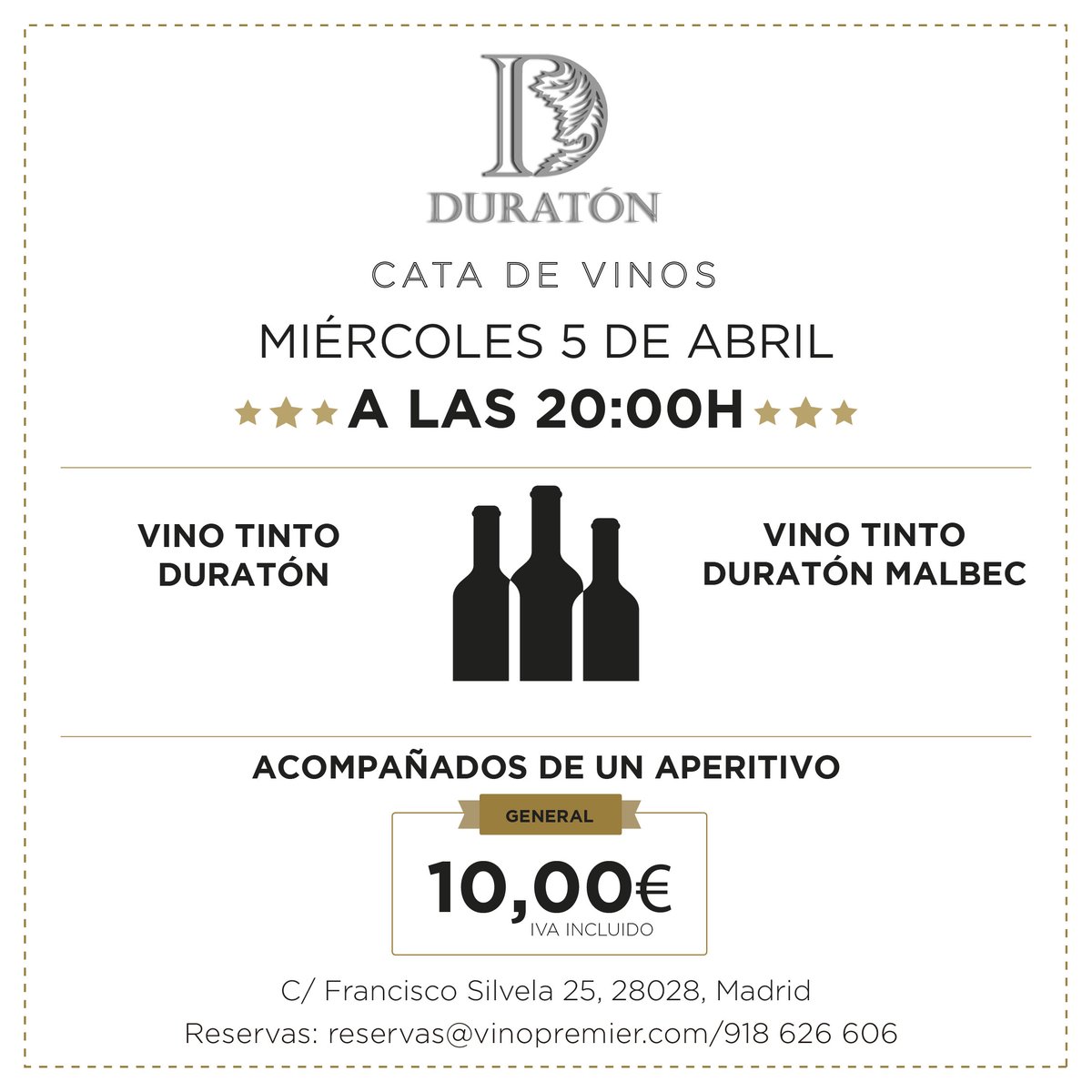 Ven a nuestra próxima cata de Bodegas Duratón - Vinopremier Silvela | Miércoles 5 de Abril - mailchi.mp/vinopremier/bo…