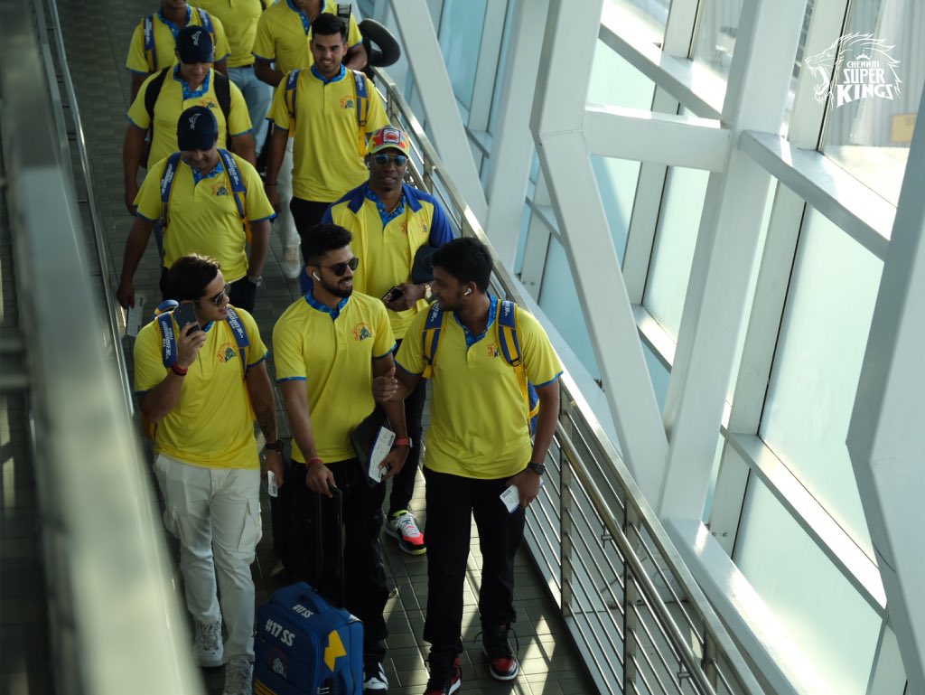ChennaiIPL's tweet photo. Pride Aboard ✈️ 

#OffToAhmedabad 🦁💛 https://t.co/aNNl5j1xO5
