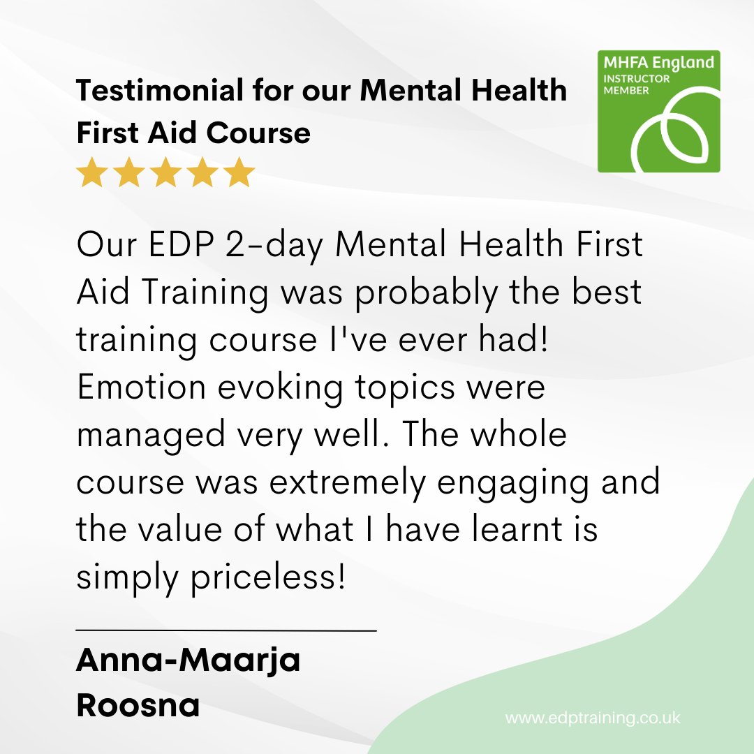 EDPTraining 🧡 (@edptraining1) on Twitter photo 💚Our MHFA training is great for small businesses or HR teams to learn. We teach in groups of 8-16 learners which is ideal for being able to ask questions and work through ideas.💚
edptraining.co.uk/adult-mental-h…
#MHFA #mentalhealthfirstaid #mentalwellbeing #mentalhealthatwork 💚Our MHFA training is great for small businesses or HR teams to learn. We teach in groups of 8-16 learners which is ideal for being able to ask questions and work through ideas.💚
edptraining.co.uk/adult-mental-h…
#MHFA #mentalhealthfirstaid #mentalwellbeing #mentalhealthatwork