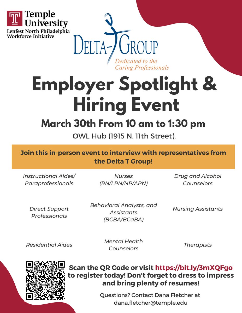 Join us TOMORROW March 30th meet and interview with representatives from the Delta-T Group. Opportunities include careers in behavioral health, healthcare, and other caring professions! Register today at bit.ly/3mXQFgo or contact dana.fletcher@temple.edu for more info!