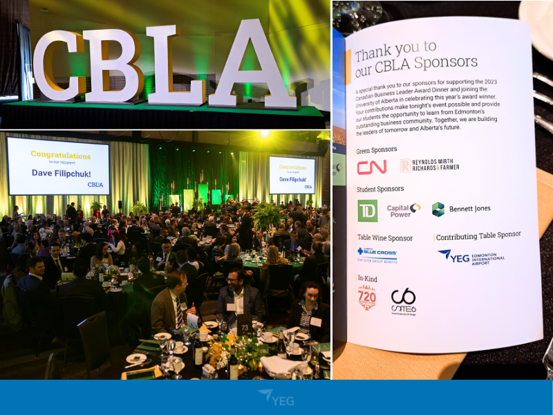 FlyYEG's tweet photo. YEG was a proud table sponsor at the @UAlberta @UAlbertaBiz #CBLA Award dinner last week. Our entire #YEG team congratulates @PCLConstruction’s Dave Filipchuk for winning the distinguished 2023 Canadian Business Leader Award! https://t.co/obURZ3mY33