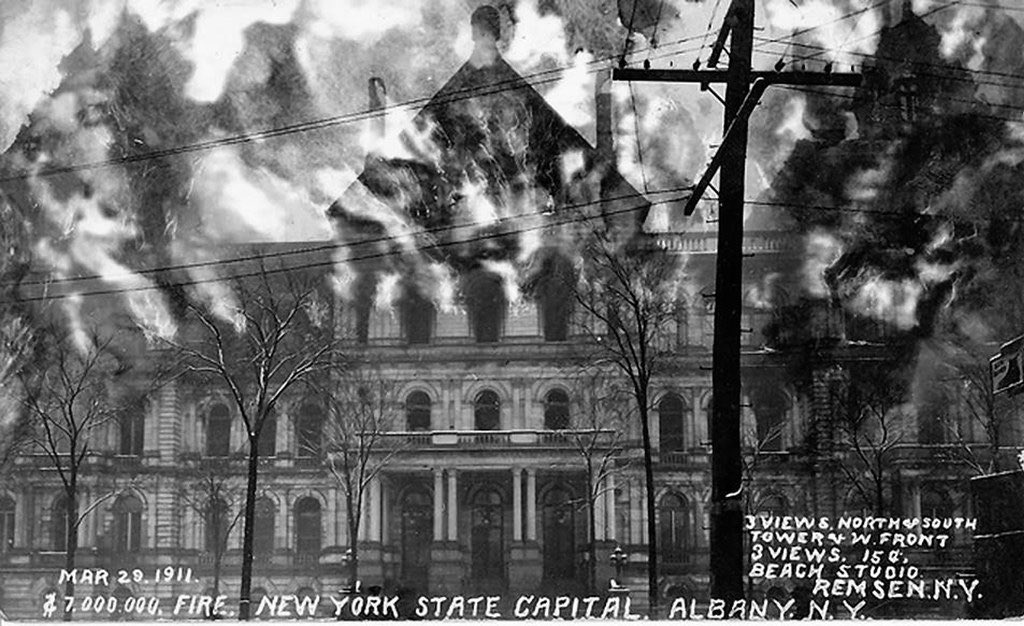 johnbulmer's tweet photo. In Albany — On this date in 1911, Albany burned. 

The Capitol fire of 1911 in Albany, New York was a devastating event that caused significant damage to the state Capitol building. The fire began on the evening of March 29, 1911, in the Assembly Library, located on the third floor of the building. It quickly spread throughout the entire building, destroying much of the interior and damaging the exterior.

The cause of the fire was never definitively determined, but it was believed to have been caused by faulty wiring or an overheated chimney. The fire was first noticed by a night watchman, who quickly alerted the Albany Fire Department. The firefighters arrived quickly, but the fire had already spread too far and too fast for them to contain it.

The fire raged for several hours, despite the efforts of hundreds of firefighters and a dozen fire engines. The flames were so intense that they could be seen from miles away, and the heat was so intense that it melted the dome of the Capitol building. In the end, the fire destroyed much of the interior of the building, including the Assembly Chamber, the Senate Chamber, the Governor's Office, and the Library.

The aftermath of the fire was devastating for the people of Albany and the state of New York. Many valuable historical artifacts, documents, and works of art were lost in the fire, and the cost of rebuilding the Capitol was estimated at over $10 million. The rebuilding process took several years and involved the restoration of many of the building's original features. #AlbanyNY