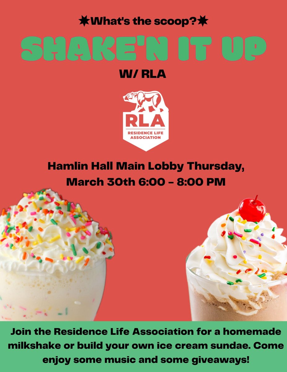 Tomorrow's forecast is partly sunny, with a chance of sprinkles. ✨

Do we love ice cream? You sherbet, we do! 🍧

I'm running out of ice cream puns…it’s like my brain is frozen. 🥶

Join the Residence Life Association for a homemade milkshake or build your own sundae! 🎉