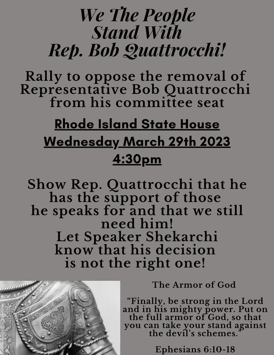 RenegadeSoul11's tweet photo. Remember to be at the state house today! Let’s RESPECTFULLY show support for Rep. Quattrocchi!!! Starting between 3:30-4:30pm!

 (Please, No profanity! Let’s not make things worse for the rep!) 

https://t.co/XrLzbfANao

@RIFairElections @Rhody4Integrity @TheRhodyReport @TheCurrentRI @RiannaPaul @KaraKryptonite @acookie40 @FreedomFightRI @Nicoletta0602