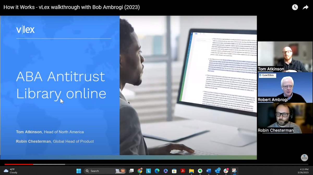 bobambrogi's tweet image. An extensive collection of antitrust law materials are now available on @vLexJustis thanks to a partnership with the Antitrust Law Section of @ABAesq. I have full details plus an exclusive 'How It Works' video.  lawnext.com/2023/03/aba-an…