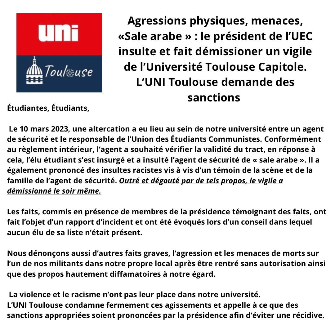 🚨Scandale à @UT1Capitole 🚨

Racisme, menaces, agressions physiques, l’extrême gauche s’implante à UT1.

Signez notre pétition pour condamner ces actes. 🇫🇷

uni.asso.fr/luni-toulouse-…