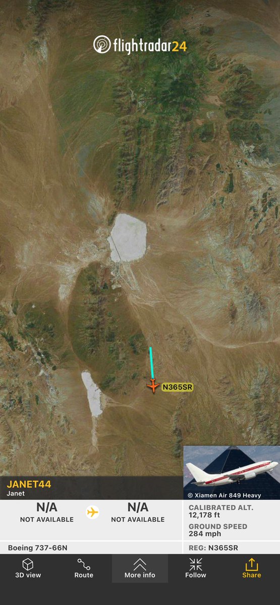 N365SR's tweet photo. Flight from Area 51 👽 to Las Vegas 🎰
https://t.co/6gKaUhNZUk #N365SR #JANET44 #JANET #AREA51 #GROOMLAKE #KXTA #KLAS #LASVEGAS #VEGAS #FR24 https://t.co/eV9Ypph2PV