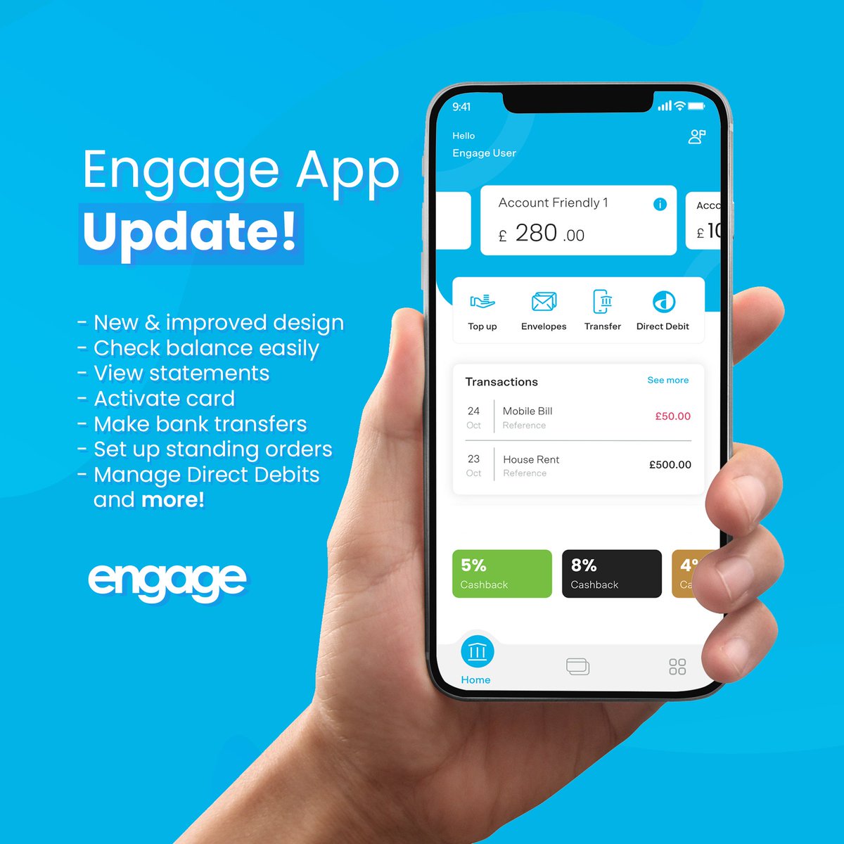 EngageBanking's tweet image. ❗Exciting news for your members!

The Engage app has been updated! Your members can benefit from the brand-new and improved app design simply by heading to their app now or downloading it from the app store if they haven’t already 😃. 

Full info: engageaccount.com/mobile-app