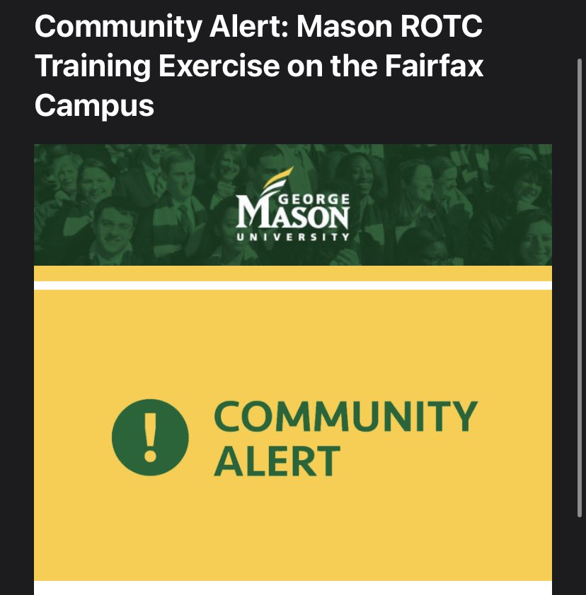 thegmupd's tweet photo. ROTC Training Exercise on the Fairfax Campus: 

Thursday, March 30

Dear Community Members: 
The @GeorgeMasonU Fairfax Campus will host an ROTC training exercise on the morning of Thursday, March 30. Helicopters will be coming on campus at 6:30 a.m. and departing from the West Campus parking lot (closest to Braddock Road) at approximately 8:15 a.m. Please do not be alarmed. Thank you for understanding.