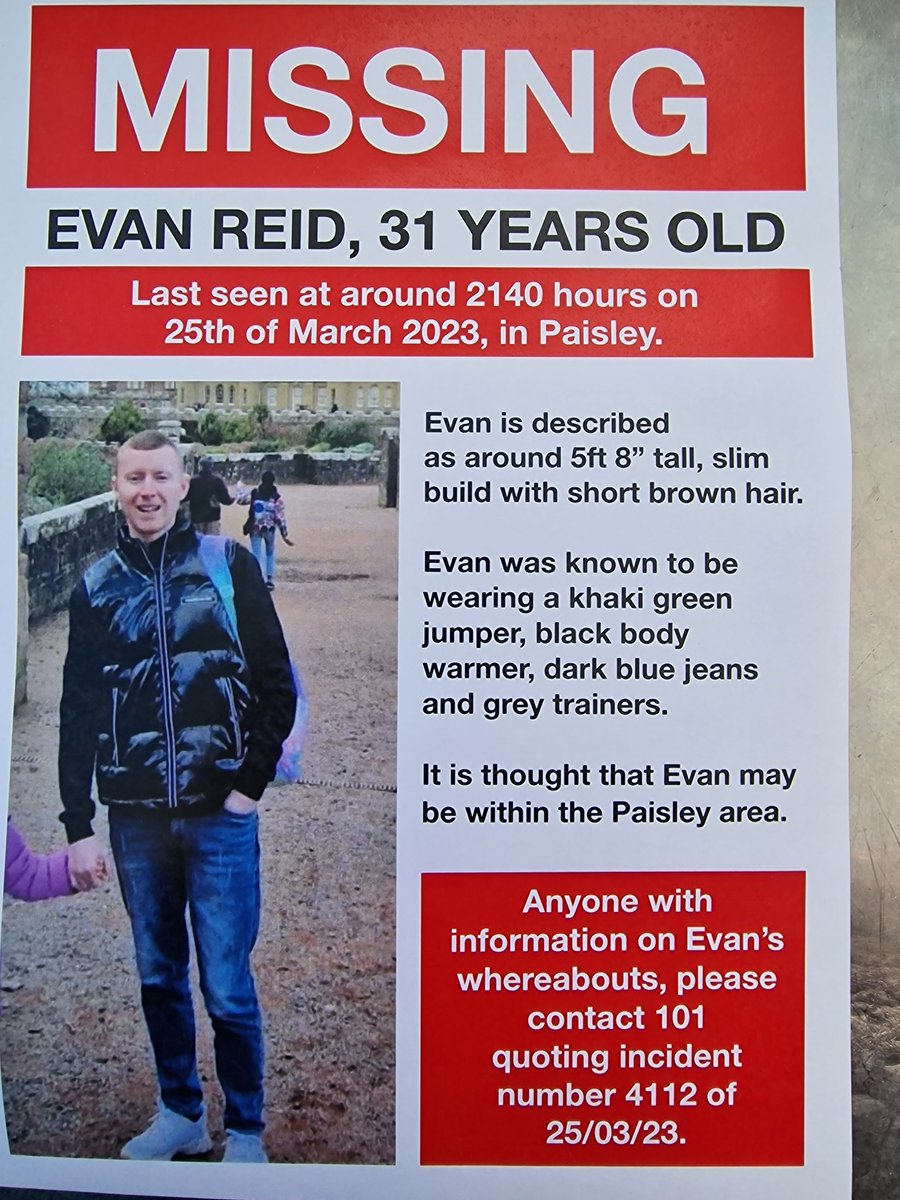 clare_stait's tweet photo. @alistairkgrant Missing!! Please help us to find our friend Evan. He went missing at 9.30pm sat 25th March at Paisley Gilmour Street. He text his partner to say something dodgy was going on &amp; hasn't been seen since! Police have asked for help. Please share #FindEvanReid https://t.co/LoWexIDH1o