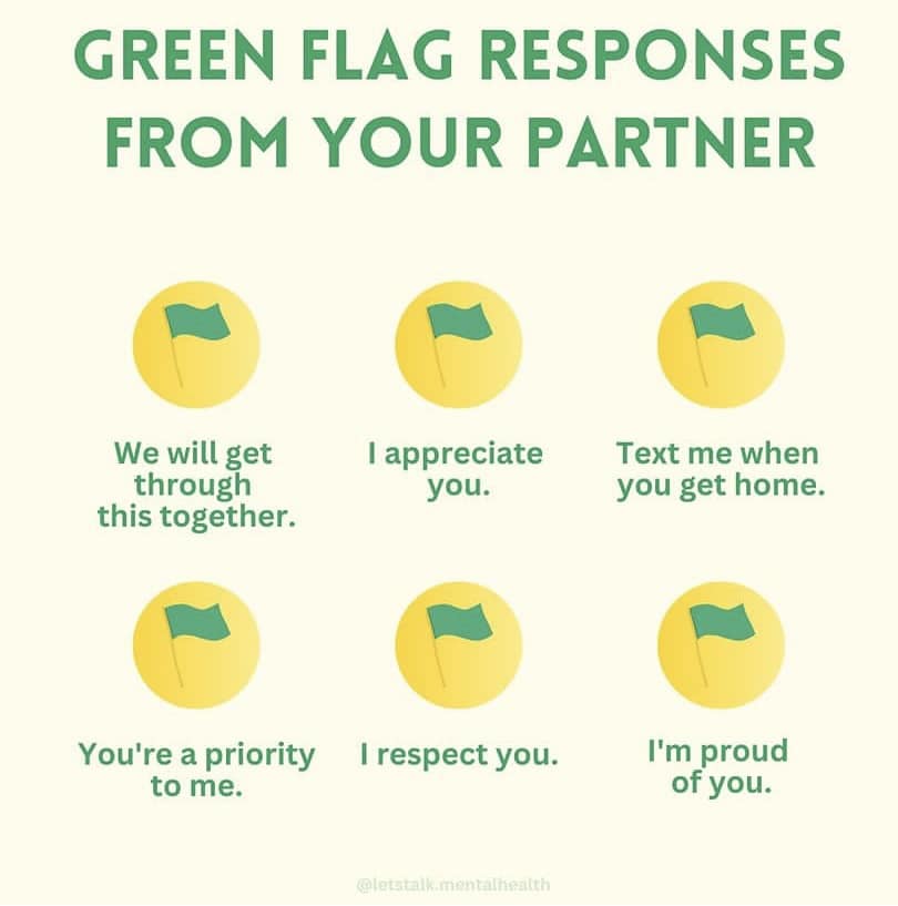 Green Flag 🟩

Healthy relationships can look like this 👀

Can you think of some other Green Flags in your relationship?

Do you think it’s easier to spot the Red Flags or Green Flags in a relationship?

Source : IG : letstalks.mentalhealth