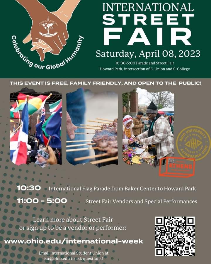 International Street FAIR

Saturday, April 08, 2023 
10: 30 AM – International Flag Parade from Baker Center to Howard Park

11:00 AM – 5:00 PM - Street Fair Vendors and Special Performance