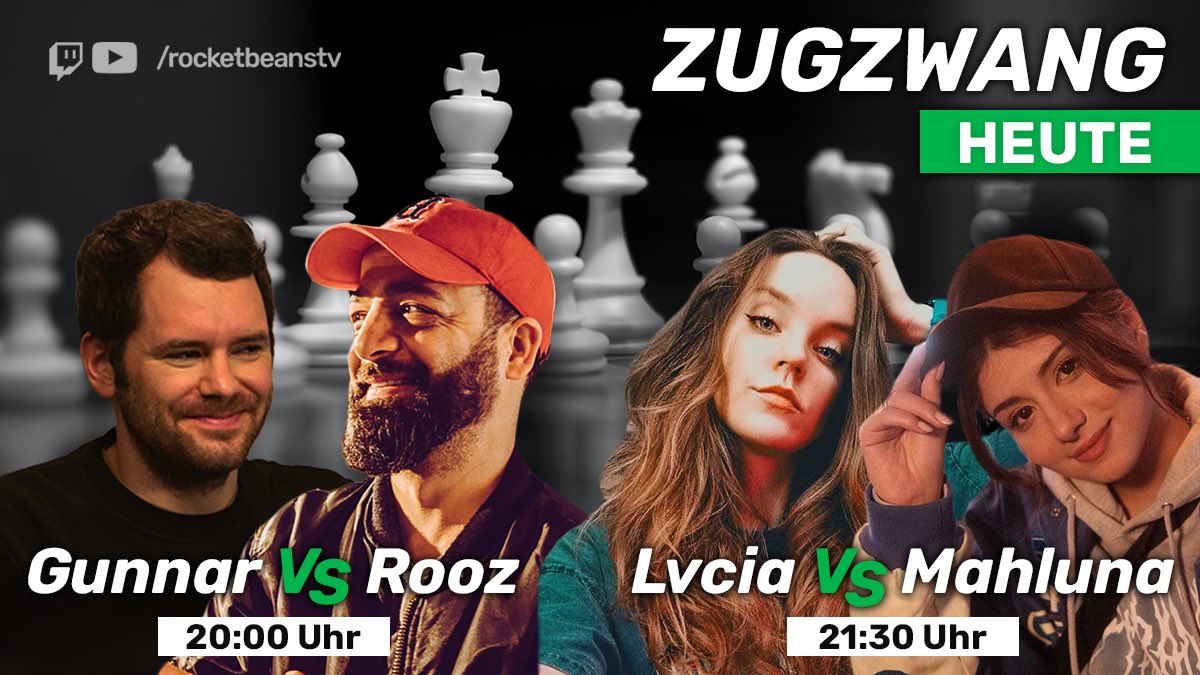 Rocket Beans TV (@therocketbeans) on Twitter photo Ab 19:30 Uhr sind wir heute mit #Zugzwang live und erwarten zwei spannende Schachpartien: <a href="/Gunnsen/">Gunnar Krupp ©</a> vs. <a href="/Roozlee/">R O O Z 💯</a> und <a href="/LvciaLive/">Lucy</a> vs. <a href="/itsmahluna/">Mahluna</a>! Kommentiert wird das Spektakel von <a href="/GMJanGustafsson/">Jan Gustafsson</a> und <a href="/boedefeld_/">Nils Bomhoff</a>. Ab 19:30 Uhr sind wir heute mit #Zugzwang live und erwarten zwei spannende Schachpartien: <a href="/Gunnsen/">Gunnar Krupp ©</a> vs. <a href="/Roozlee/">R O O Z 💯</a> und <a href="/LvciaLive/">Lucy</a> vs. <a href="/itsmahluna/">Mahluna</a>! Kommentiert wird das Spektakel von <a href="/GMJanGustafsson/">Jan Gustafsson</a> und <a href="/boedefeld_/">Nils Bomhoff</a>.