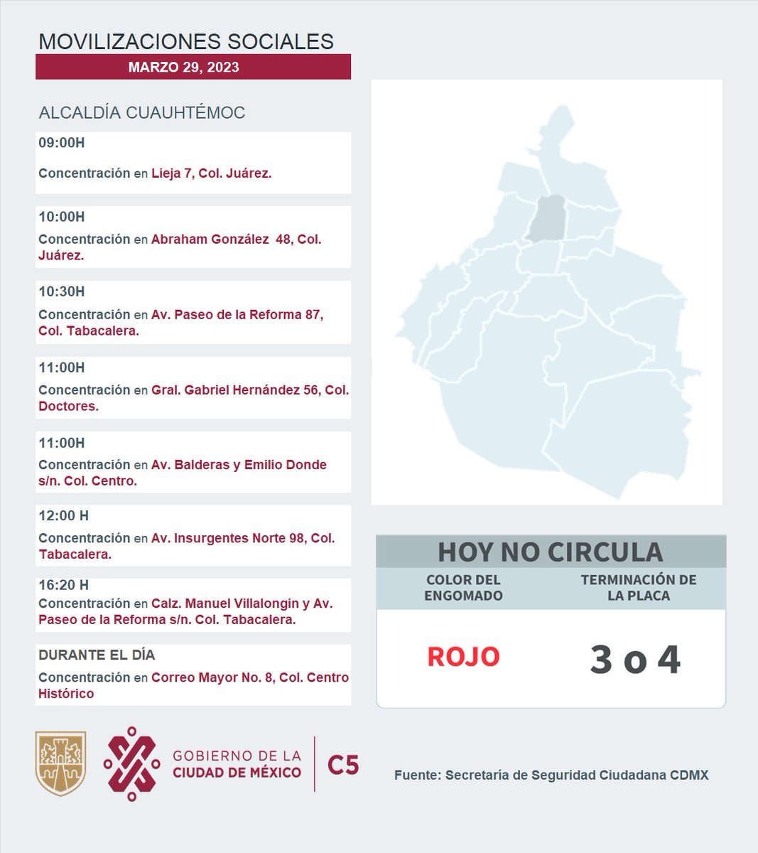 C5_CDMX's tweet photo. ⚠🗓 #ENTÉRATE | Para hoy, 29 de marzo 2023, estas son las movilizaciones sociales previstas en la Ciudad de México.

#C5ConConfianza #MovilidadCDMX https://t.co/cnUX2RSy8K