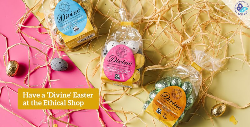 Have a Divine Easter at the Ethical Shop!
<a href="/divinechocolate/">Divine Chocolate</a> have been at the forefront of fairly traded chocolate for over 20 years &amp; we're proud to have been supporting the Cocoa farmers of Ghana from the very start. Give an ethical gift this Easter and be part of their story.